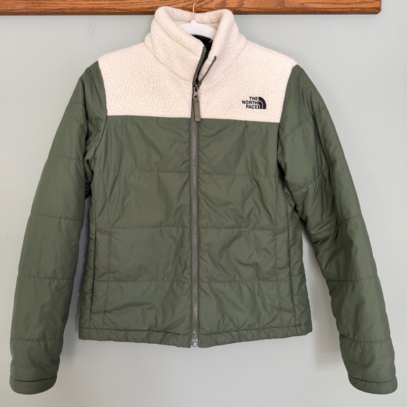 The North Face "Peak Insulated" Olive Green Puffer Cream Sherpa Jacket - Picture 3 of 17